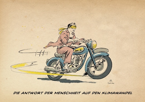 Cartoon: Die Antwort (medium) by Guido Kuehn tagged klimawandel,klimawandel,antwort,menschheit,augen,zu,verbunden,blind,motorrad,nicht,sehen,wollen