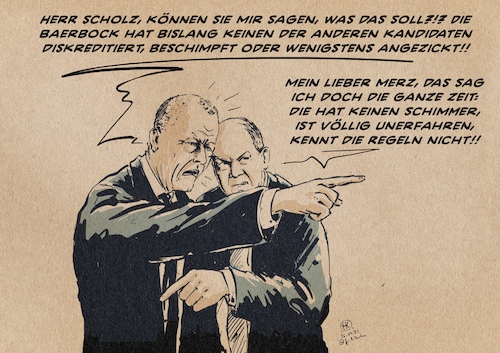 Cartoon: Kein Baerbock auf Krawall (medium) by Guido Kuehn tagged baerbock,scholz,merz,grüne,cdu,spd,kanzlerkandidatur,baerbock,scholz,merz,grüne,cdu,spd,kanzlerkandidatur