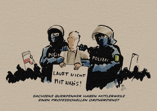 Cartoon: Ordnerdienste (medium) by Guido Kuehn tagged polizei,sachsen,querdenker,nazis,corona,covid,zivilcourage,polizei,sachsen,querdenker,nazis,corona,covid,zivilcourage