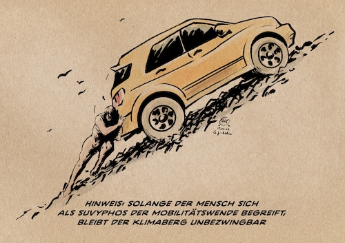 Cartoon: SUVyphos (medium) by Guido Kuehn tagged klima,suv,mobilitätswende,klima,suv,mobilitätswende