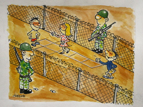 Cartoon: between the borderlines (medium) by ismailozmen tagged soldier,border,ismail,özmen