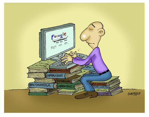 Cartoon: The books and technology (medium) by ismailozmen tagged search,engine,technology,computer,books,encyclopedia
