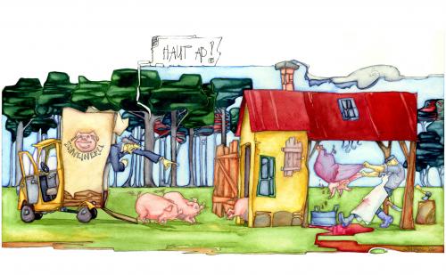 Cartoon: Haut ab! (medium) by Jörg Halsema tagged schweine,fleischer,metzger,schlachter,essen,trinken,food