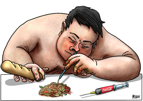 Cartoon: Addictions (medium) by miguelmorales tagged obesity,addictions,nutrition,dosorders,junk,food,health,obesity,addictions,nutrition,dosorders,junk,food,health