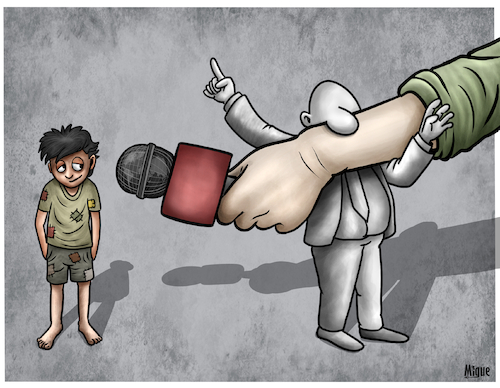 Cartoon: Humanitarian Journalism (medium) by miguelmorales tagged humanitarian,journalism,poor,rich,crisis,politicians,journalist,risks,humanitarian,journalism,poor,rich,crisis,politicians,journalist,risks