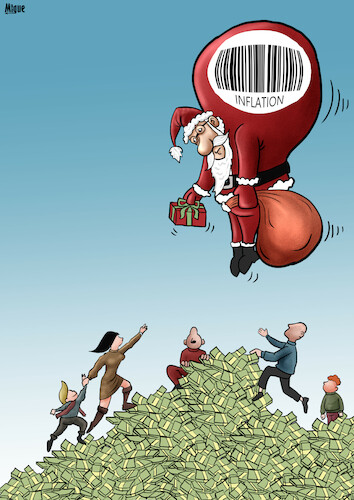 Cartoon: Inflation and Christmas (medium) by miguelmorales tagged inflation,christmas,santa,gift,economy,recession,inflation,christmas,santa,gift,economy,recession