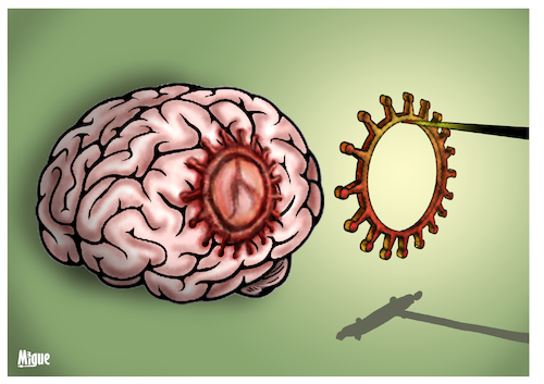 Cartoon: Permanent marks (medium) by miguelmorales tagged coronavirus,mark,brain,psycological,stress,axiety,confiment,crisis,estres,confinamiento,covid19,ansiedad,tratamiento,psicologico,psicologia,marcas,permanentes