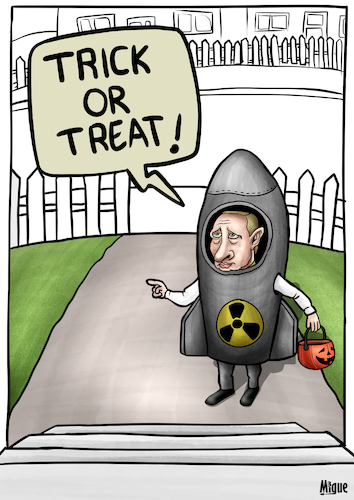 Cartoon: Trick or treat (medium) by miguelmorales tagged halloween,putin,ukraine,crisis,war,costume,bomb,nuclear,halloween,putin,ukraine,crisis,war,costume,bomb,nuclear