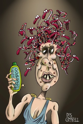 Cartoon: Bad hair day in ancient Greece (medium) by campbell tagged medusa,ancient,greece,mythology,snakes