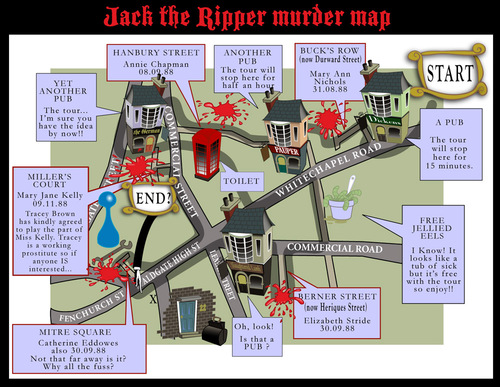 Cartoon: Murder in Whitechapel! (medium) by campbell tagged jack,the,ripper,whitechapel,murder,map,london,tourist