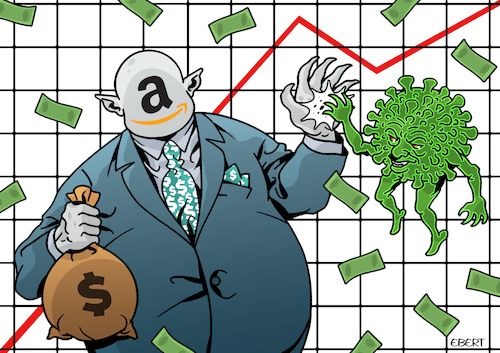 Cartoon: Amazon and COVID-19 (medium) by Enrico Bertuccioli tagged covid19,coronavirus,pandemic,lockdown,bezos,amazon,jeffbezos,business,money,ecommerce,finance,policy,political,greed,capitalism,multinational,social,media,devices,data,people,consumerism,government,taxes,profit,control,company,stockholder,disease,helath,store,tschnology,slaes