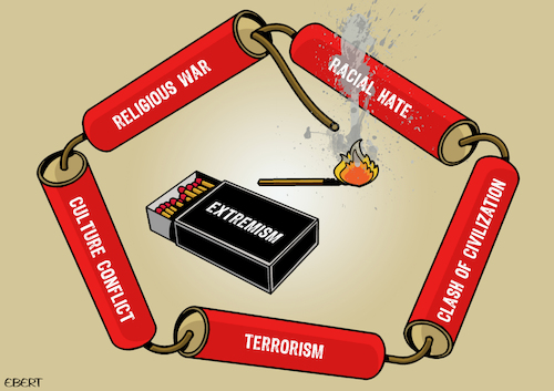 Cartoon: Dangers of extremism (medium) by Enrico Bertuccioli tagged extremism,religiousextremism,religiouswar,culture,culturalconflict,religioushate,civilization,clashofcivilization,terrorism,religiousterrorism,intolerance,racialhate,hate,racism,humanbeings,war,peace,freedomofthought,freedomofspeech,political,politicalcartoon,politicalcartoons,editorialcartoon,extremism,religiousextremism,religiouswar,culture,culturalconflict,religioushate,civilization,clashofcivilization,terrorism,religiousterrorism,intolerance,racialhate,hate,racism,humanbeings,war,peace,freedomofthought,freedomofspeech,political,politicalcartoon,politicalcartoons,editorialcartoon