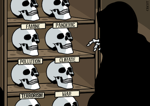 Cartoon: Deadly heads (medium) by Enrico Bertuccioli tagged death,grimreaper,war,terrorism,climate,climatechange,famine,starvation,pandemic,virus,globalcrisis,worldcrisis,globalwarming,worldwar,political,politicalcartoon,editorialcartoon,politicalcartoons,death,grimreaper,war,terrorism,climate,climatechange,famine,starvation,pandemic,virus,globalcrisis,worldcrisis,globalwarming,worldwar,political,politicalcartoon,editorialcartoon,politicalcartoons