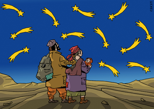 Cartoon: EU and migrants (medium) by Enrico Bertuccioli tagged europe,eu,migrants,immigrants,migration,global,political,propaganda,elections,policy,reception,safety,security,civilian,life,asylum,protection,international,needes,borders,refugees,assistance,europe,eu,migrants,immigrants,migration,global,political,propaganda,elections,policy,reception,safety,sacurity,civilian,life,asylum,protection,international,needes,borders,refugees,assistance