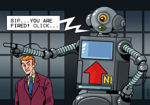 Cartoon: Fired by AI! (medium) by Enrico Bertuccioli tagged ai,artificialintelligence,work,workers,job,substitution,workersreplacement,robots,technology,progress,technologicalprogress,technologicalrevolution,devolution,bigdata,business,economy,money,environment,energy,consumption,energyconsumption,greed,corporategreed,power,control,aicontrol,political,politicalcartoon,politicalcartoons,editorialcartoon,editorialcartoons,ai,artificialintelligence,work,workers,job,substitution,workersreplacement,robots,technology,progress,technologicalprogress,technologicalrevolution,devolution,bigdata,business,economy,money,environment,energy,consumption,energyconsumption,greed,corporategreed,power,control,aicontrol,political,politicalcartoon,politicalcartoons,editorialcartoon,editorialcartoons