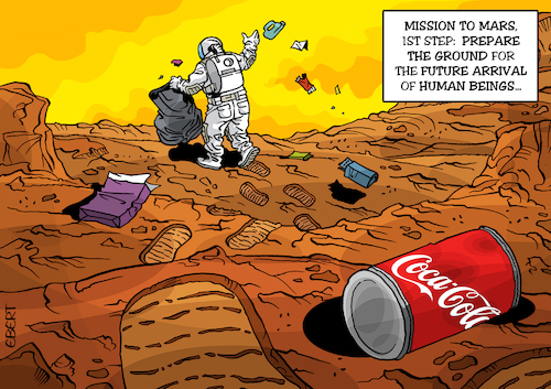 Cartoon: Mission to Mars (medium) by Enrico Bertuccioli tagged space,mars,planet,mission,science,research,exploration,robotics,colonization,conquest,program,journey,government,economy,power,business,money,exploitation,resources,knowledge,people,society,future,human,beings,aliens,technology,fiction