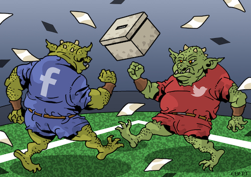 Cartoon: Political trolls (medium) by Enrico Bertuccioli tagged political,trolls,social,media,technology,big,data,business,people,society,money,propaganda,fake,news,influence,hackers,elections,voters,internet,web,privacy,information,disinformation,government,global,problem,exploitation,manipulation,control,power,democracy,misinformation,conspiracy,public,opinion