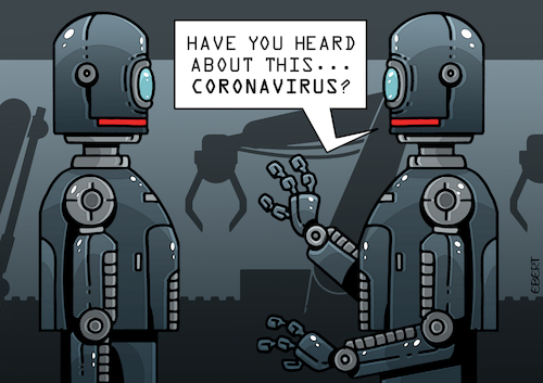 Cartoon: Robots and Coronavirus (medium) by Enrico Bertuccioli tagged covid19,coronavirus,virus,pandemic,robot,automation,future,technology,health,work,job,human,beings,people,society,workers,industry,crisis,global,business,economy,policy,industrial,rights