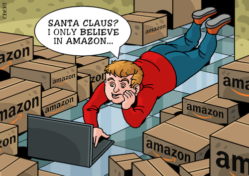 Cartoon: Santa Claus vs. Amazon (medium) by Enrico Bertuccioli tagged santaclaus,christmas,holidays,amazon,tradition,progress,future,economy,money,business,political,gift,capitalism,market,markets,global,crisis,fiinance,financial,child,childhood,society,people,family,santaclaus,christmas,holidays,amazon,tradition,progress,future,economy,money,business,political,gift,capitalism,market,markets,global,crisis,fiinance,financial,child,childhood,society,people,family