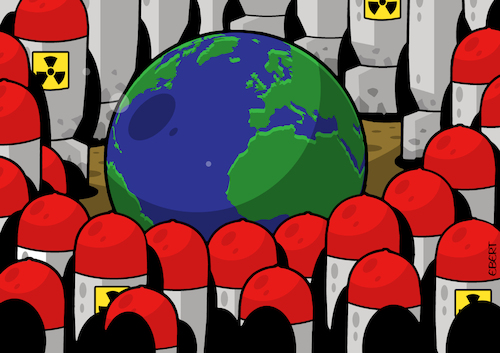 Cartoon: Surrounded by bombs (medium) by Enrico Bertuccioli tagged war,bomb,bombing,atomicbomb,nuclearthreat,global,world,government,political,destruction,business,money,power,control,war,bomb,bombing,atomicbomb,nuclearthreat,global,world,government,political,destruction,business,money,power,control