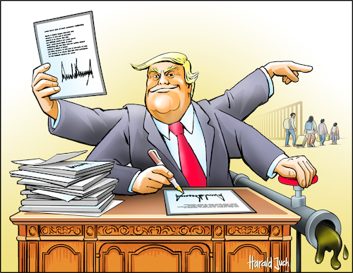 Cartoon: Day 2.01 (medium) by Harald Juch tagged donald,trump,amtsantritt,präsident,prasident,usa,oval,office,harald,juch,oil,öl,drill,baby,white,house,washington,regierung,goverment