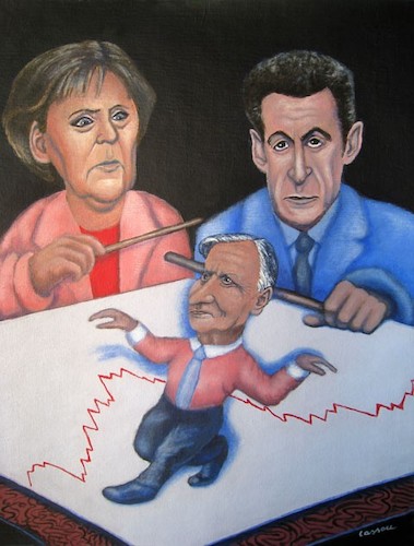 Cartoon: Vollkommen unabhängig (medium) by Cassou tagged zentralbank,politics,wirtschaft,money,kanzlerin,angela,merkel,nicolas,sarkozy,famous,peoplejean,claude,trichet,eu