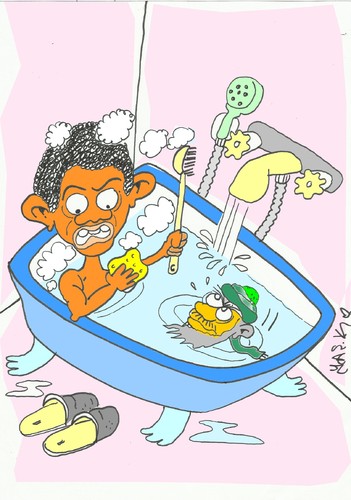 Cartoon: Obama s nightmare (medium) by yasar kemal turan tagged jaws,surprise,hunt,fish,obama,osama,bin,laden,nightmare,bathroom