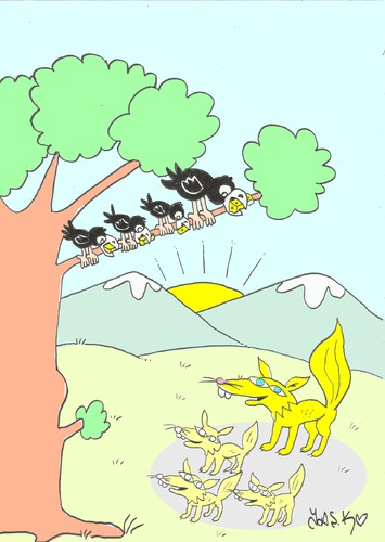 Cartoon: offspring-education (medium) by yasar kemal turan tagged offspring,crow,fox,cheese,education