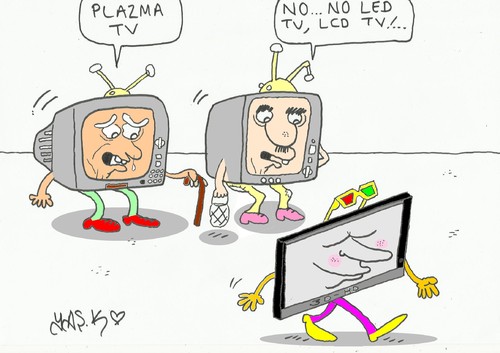 Cartoon: older and new generation (medium) by yasar kemal turan tagged color,led,lcd,plazma,hd,tv,3d,young,new,old