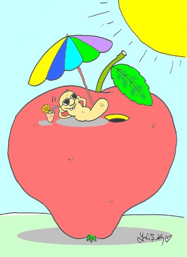 Cartoon: sunbathe (medium) by yasar kemal turan tagged sunbathe,worm,apple,sun,chaise,longue