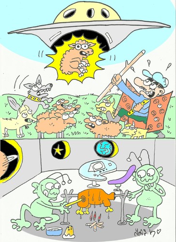 Cartoon: ufo test (medium) by yasar kemal turan tagged dog,aliens,food,shepherd,goat,sheep,attack,ufo,test