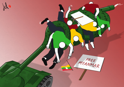Cartoon: The long death (medium) by Emanuele Del Rosso tagged myanmar,coup,democracy,vote,myanmar,coup,democracy,vote
