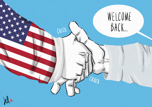 Cartoon: Welcome back USA (medium) by Emanuele Del Rosso tagged usa,biden,united,states,usa,biden,united,states