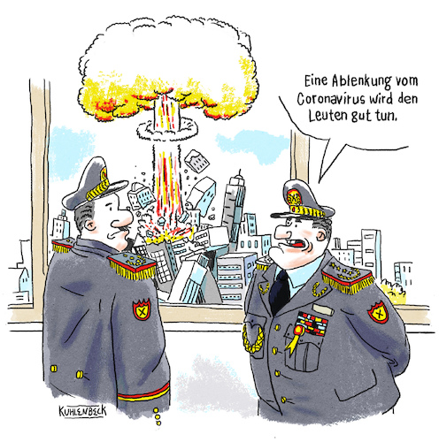 Cartoon: Ablenkung von Corona (medium) by Thomas Kuhlenbeck tagged corona,virus,militär,krieg,general,generäle,atom,atompilz,atombombe,zerstörung,ablenkung,stadt,zerstören,explosion,corona,virus,militär,krieg,general,generäle,atom,atompilz,atombombe,zerstörung,ablenkung,stadt,zerstören,explosion