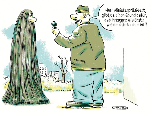 Cartoon: Friseure öffnen wieder. (medium) by Thomas Kuhlenbeck tagged corona,ministerpräsidentenkonferenz,konferenz,ergebnis,friseur,friseure,öffnung,shutdown,lockdown,reporter,journalist