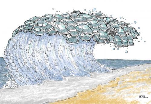 Cartoon: Tsunami Car (medium) by BONIL tagged car,tsunami,pollution,bonil
