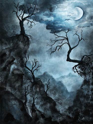 Cartoon: Die Nacht Bricht Herein (medium) by alesza tagged nacht,nightfall,nature,landscape,moon,dark,light,shadow,halloween,painting,digital,art