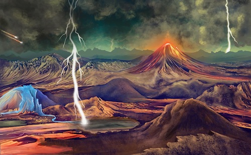 Cartoon: Leben (medium) by alesza tagged ipadart,life,evolution,environment,procreate,painting,digitalpainting,illustration,digitalillustration,earth,volcano,lightning