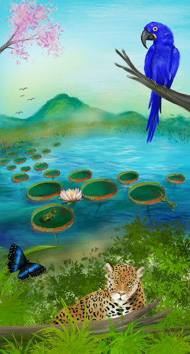 Cartoon: Pantanal (medium) by alesza tagged nature,environment,ipad,procreate,landscape,mountain,light,blue,environmentdesign,conceptart