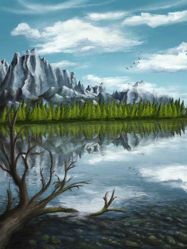 Cartoon: Reflections (medium) by alesza tagged digital,digitalart,digitalpainting,reflection,mountains,environment,freedom,landscape,nature,painting,procreate,ipadart,wanderlust,outdoors,tranquility