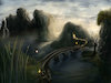 Cartoon: The Bridge (small) by alesza tagged digital painting landscape fantasy bridge nature mountains sunset lantern light dark shadow grass green blue hidden place leading path inside