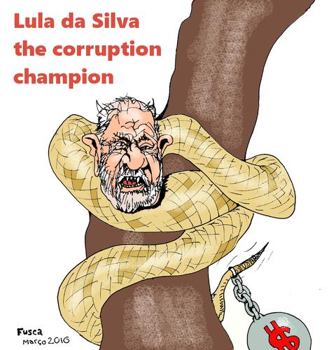 Cartoon: corruption champion Lula daSilva (medium) by Fusca tagged corruption,crime,lula,da,silva,pt,brazil,billionaire,criminal,organization,petrobras