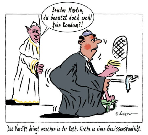 Cartoon: Gewissenskonflikt (medium) by rpeter tagged kondomverbot,kondom,kirche,katholisch,papst