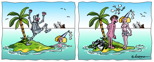 Cartoon: Schlüsselerlebnis (medium) by rpeter tagged mann,frau,nackt,meer,insel,schiffbruch