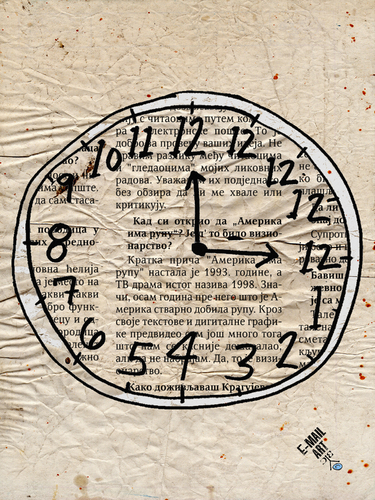 Cartoon: Exactly noon in Serbia (medium) by Zoran Spasojevic tagged serbia,kragujevac,paske,zoran,spasojevic,clock,wall,time,noon,exactly,graphics,collage,digital,emailart