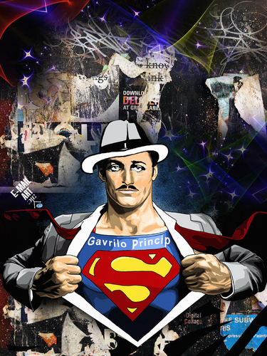 Cartoon: Sees my new suit (medium) by Zoran Spasojevic tagged princip,gavrilo,suit,new,serbia,superman,kragujevac,digital,paske,spasojevic,hero,emailart,zoran,portrait,collage