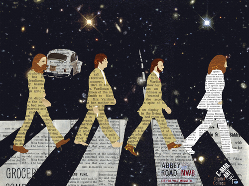 Cartoon: The Beatles crossing Abbey Road (medium) by Zoran Spasojevic tagged serbia,kragujevac,paske,zoran,spasojevic,graphics,collage,digital,rocknroll,emailart,road,abbey,crossing,beatles,the