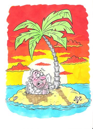 Cartoon: Escape to desert island! (medium) by fieldtoonz tagged escape,convict,island,desert,sunset,palm,tree