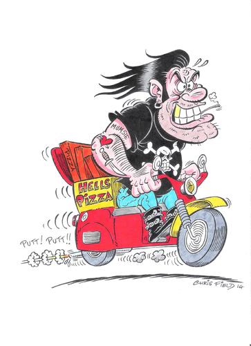 Cartoon: Pentel brush pen cartoon 2 (medium) by fieldtoonz tagged tattoos,bike,angel,hells,pizza