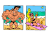 Cartoon: Bodybuilder and Sunbather (small) by fieldtoonz tagged bodybuilder,beach,sea,sunbather